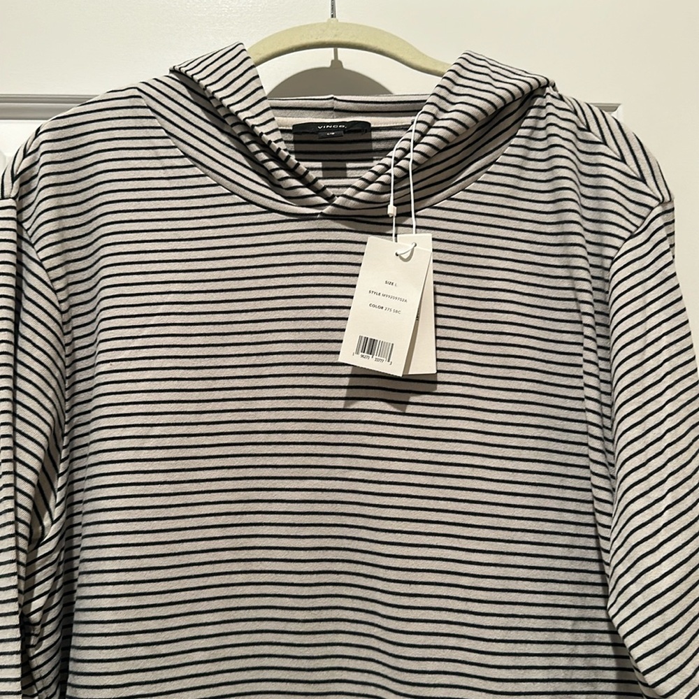 NWT Vince Striped Sueded Jersey Pullover Hoodie, Stone Beach/coastal Blue, L